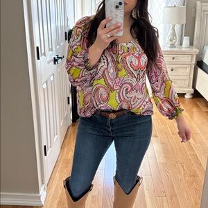 Boho Paisley Print Women’s Peasant Top in Lime Pink